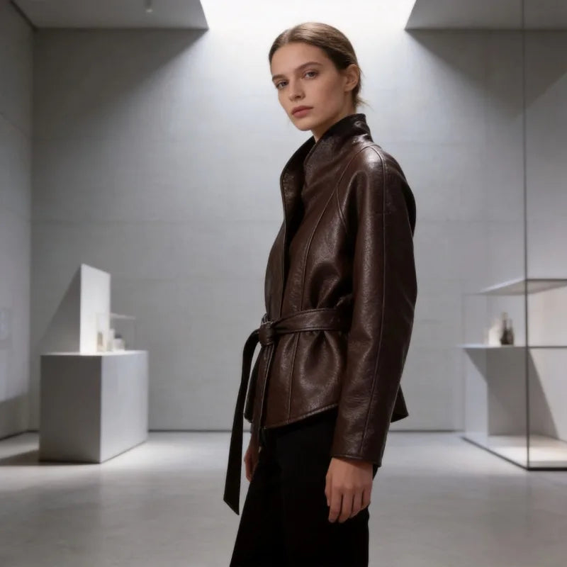 Women 2026 Spring Autumn New Hot Selling Solid Color Belted Slim Fit Faux Leather Jacket Coat Fashion Trendy Chic Outerwear Best