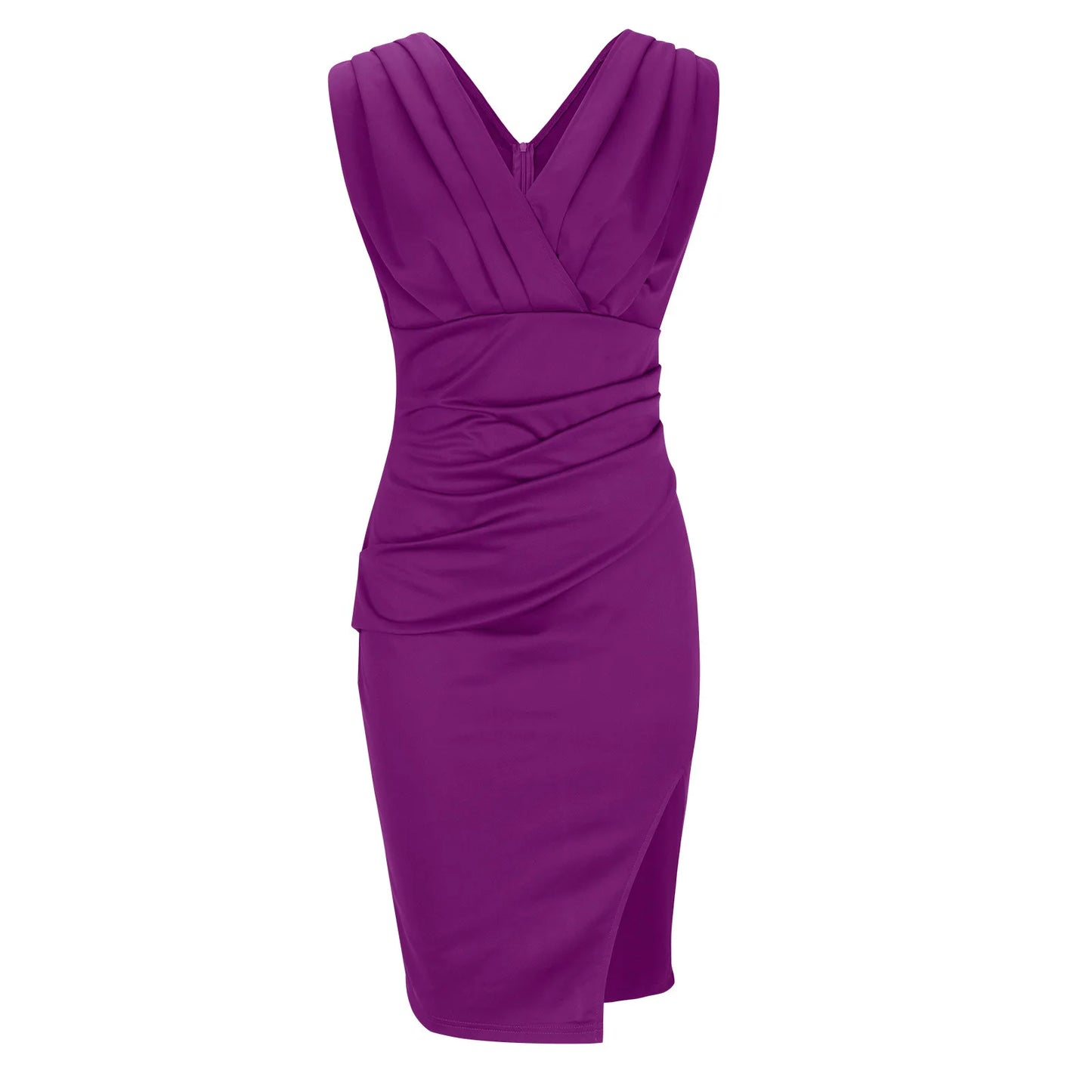 Summer Elegant Women Sexy Casual Sleeveless Office Mini Dress Fashion Solid Color V-neck High Waist Tight Side Split Dresses