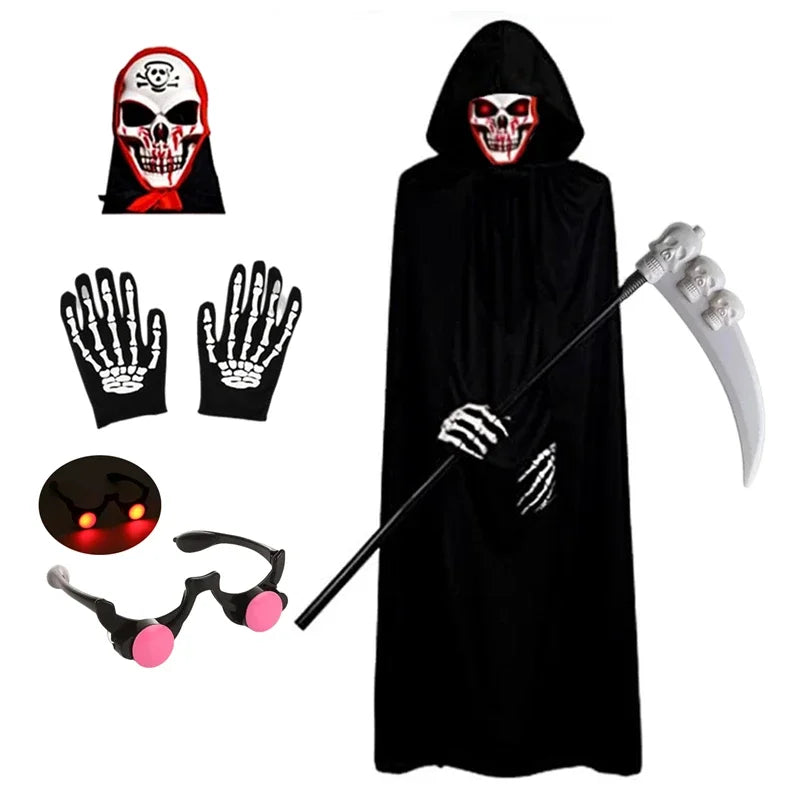 Scary Halloween Costumes for  - Red-eyed Reaperwith Hood and Scythe Easter Cape with Scythe and Glowing Glasses