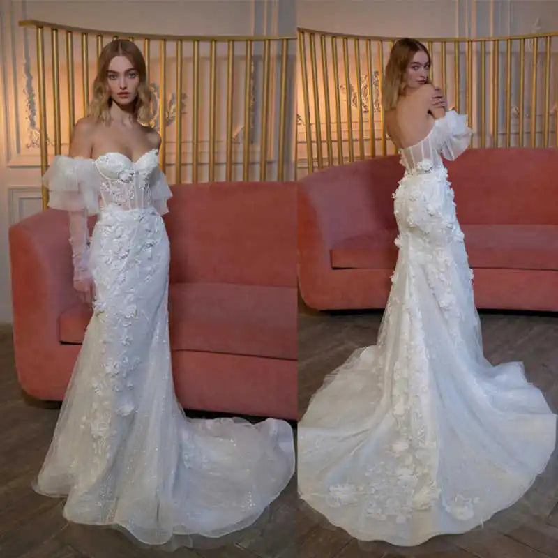 Customized 3D Flower Wedding Dresses Off Shoulder Appliques Lace Bridal Gowns Princess Pleats Beach Party Dress Women
