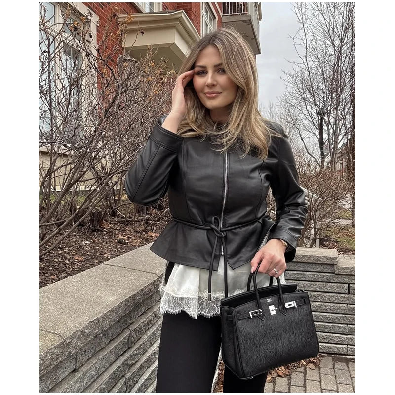 Women's Faux Leather Jacket Black Zip Front Drawstring Peplum Hem Slim Elegant Outerwear Fashion Daily Street Casual Short Coat