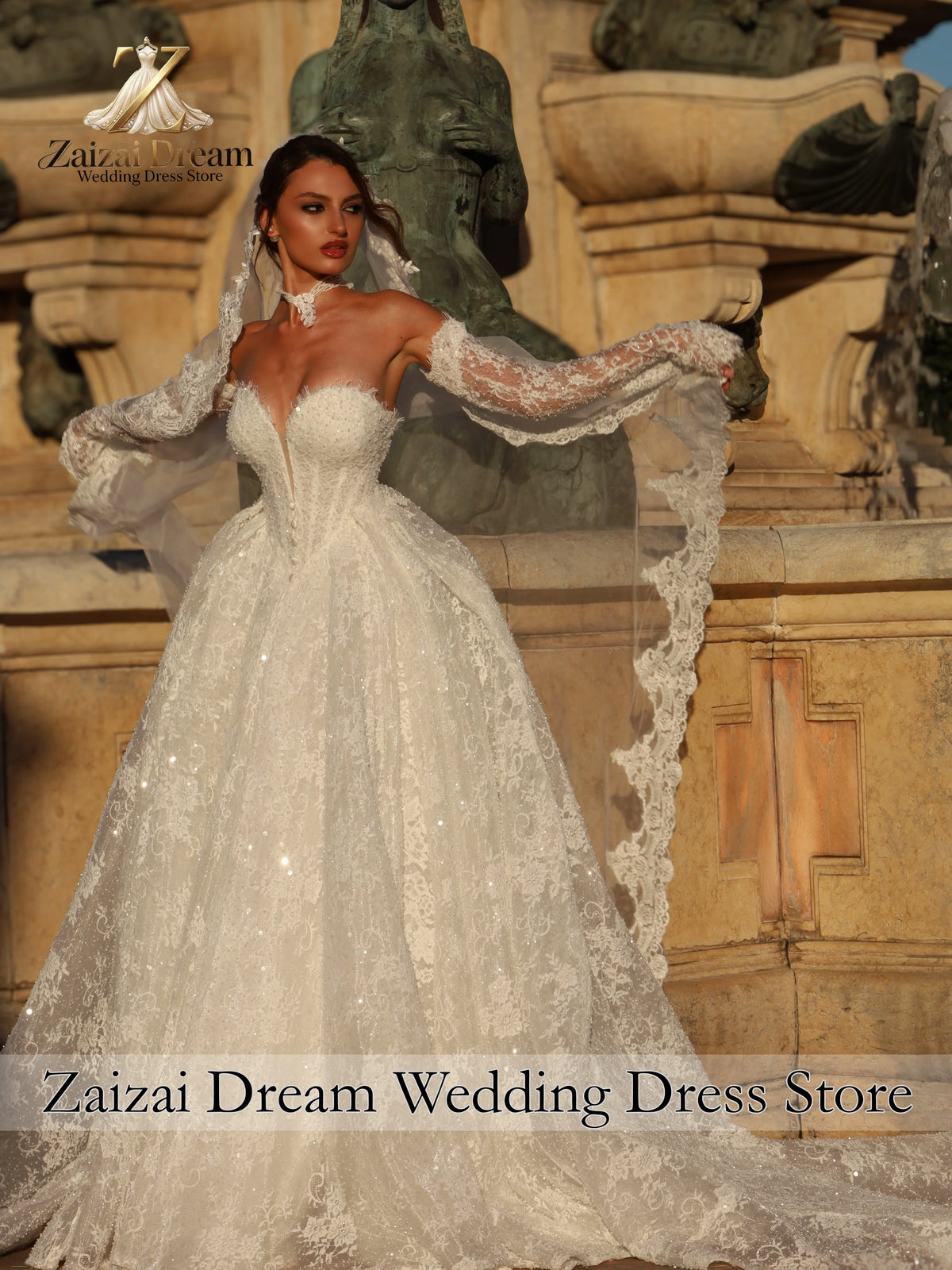 Customized Luxury Sparkly Lace Ball Gown Wedding Dress Sweetheart Deep V Off Shoulder Detachable Long Sleeves Vestido De Novia