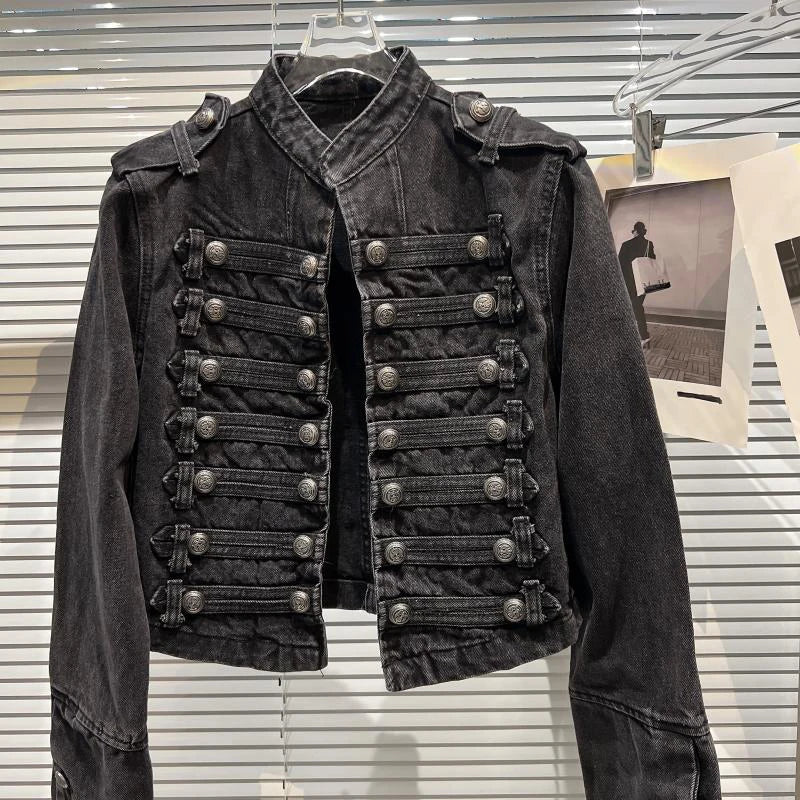 DEAT 2026 Autumn New Fashion Metal Buckle Design Shoulder Strap Denim Short Jacket For Women High Street Coat Female 11A06995