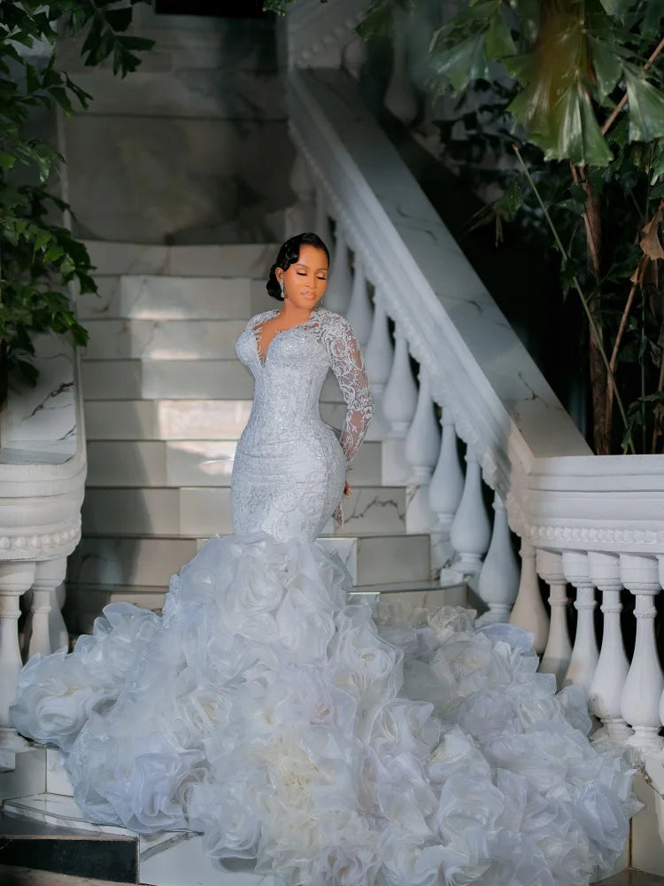 Luxury White Phantom Long Sleeve Mermaid Wedding Dress Lace Water Diamond 3D Rose Ruffle Ball Dress African Bridal Dress Custom