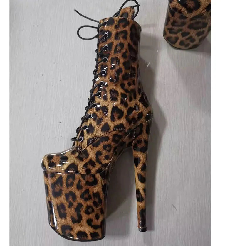 Exotic 20 cm Leopard Print Gothic Stripper Heels Size 34-46 8Inch Platform Ankle Boots Strip Pole Dance Catwalk Round Toe Women