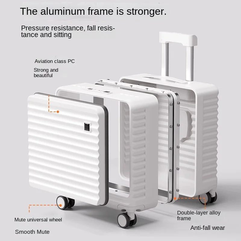 Front Opening 18/20 inch Suitcase Cabin Luggage Small 16 inch Short Trip Bag Ultra-light Aluminium Frame Luggage Large Capacity