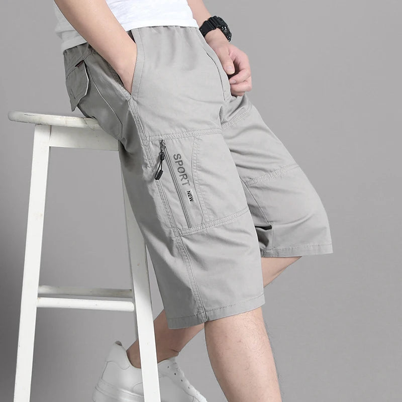 Zipper Pocket Workwear Shorts Mens Knee Cargo Pants 2026 Summer Cotton Shorts Men Climbing Jogger Elastic Waist Sports Work Wear