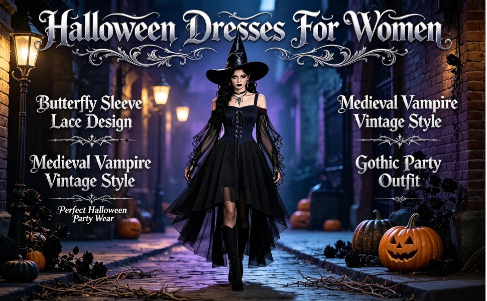 Witch Dress Women 2026 Halloween Costumes Woman Adults Medieval Vampire Butterfly Sleeve Mesh Gothic Outfits