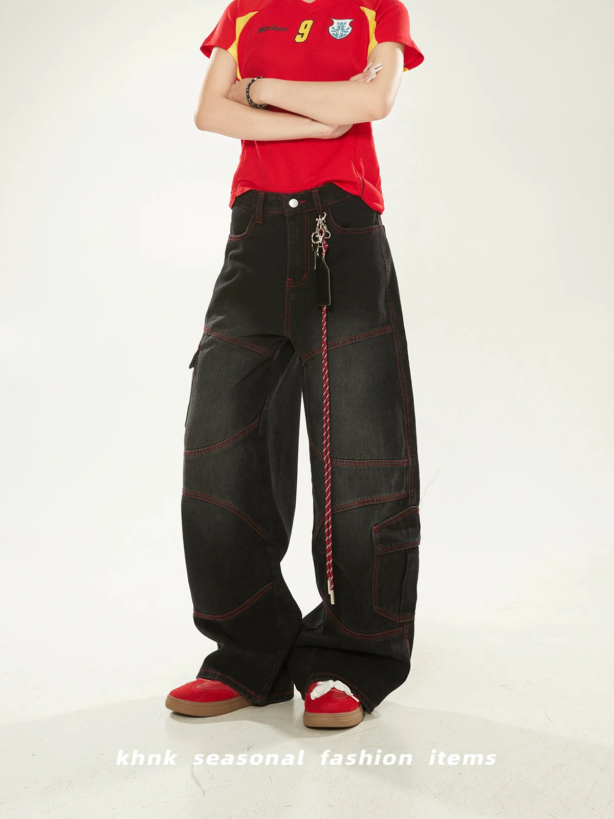Washed Vintage American High Street Loose Women's Jeans with Patchwork And Stitching Design Casual Wide Leg Workwear Trousers
