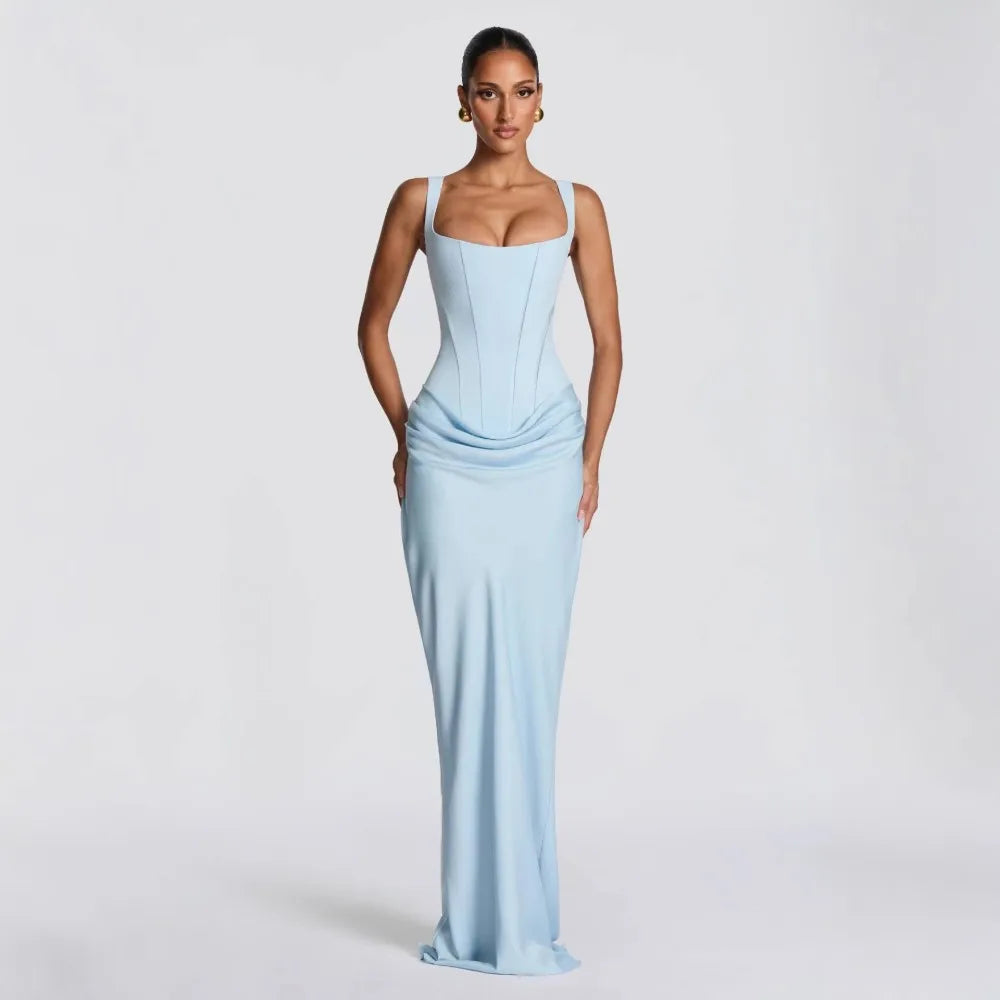 Ladies' formal square neck sleeveless waist cinching design with pleated fish tail long skirt for dinner party slimming dress