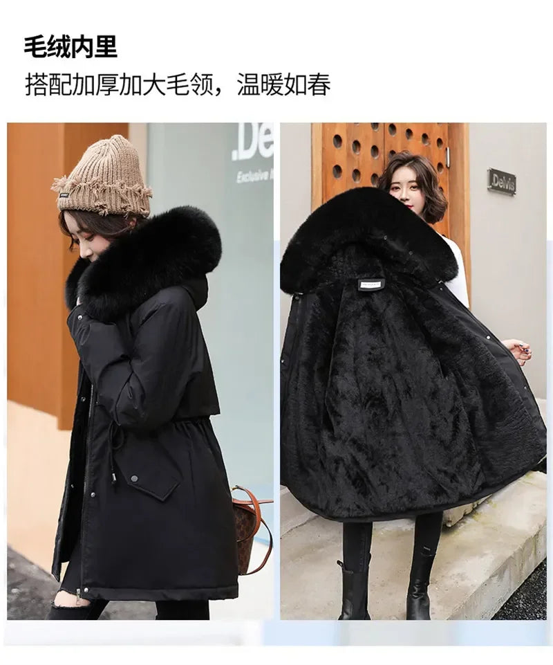 Winter Coat Low Price On Sale Women Beige Add Wool Thick Warmth Fur Hooded Parkas Jacket 2026 New Fashion Belt Slim Cotton Coat