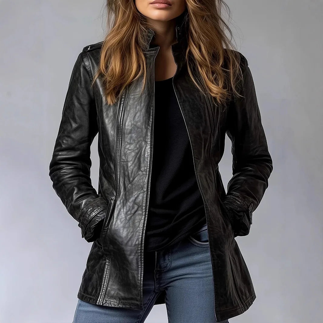 Motorcycle Faux Leather Jacket Coat Autumn Clothes Women Stand Collar Long Sleeves Slim PU Leather Jacket Female Gothic PU Coat