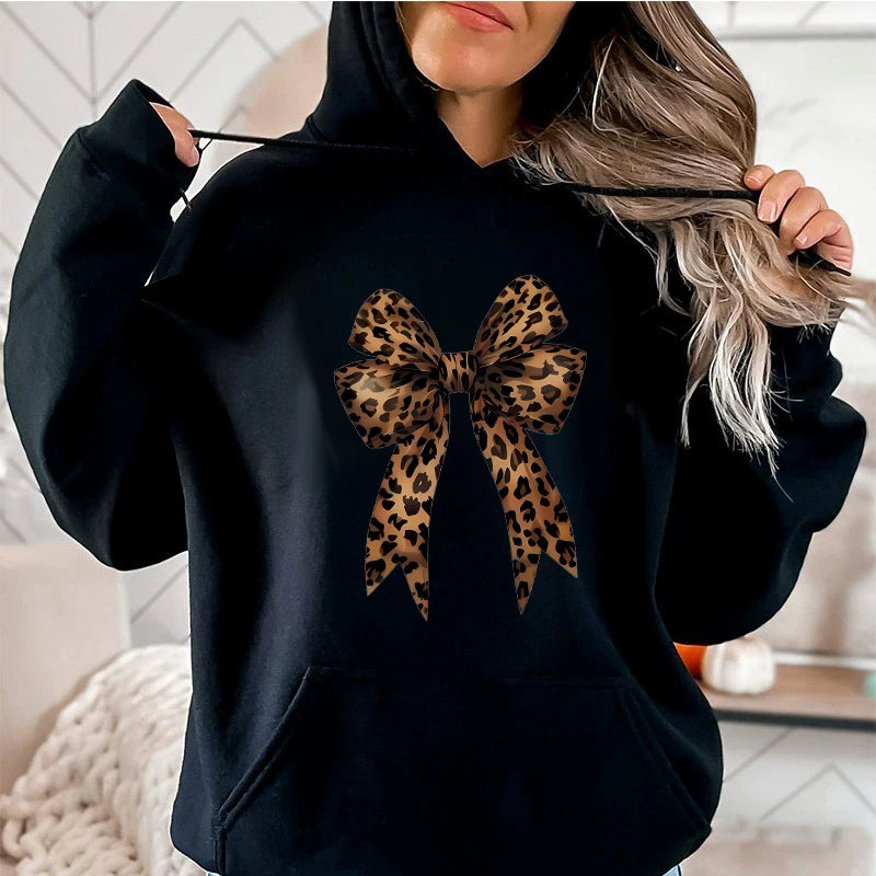 Bow Heart Love Leopard Print Hoodies Long Sleeve Funny Sweatshirts Streetwear Women's Casual Graphic Hooded Pullovers Clothes