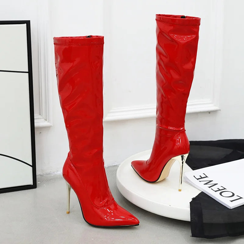Women High Boots Sexy Zipper Black Red White Knee High Boot Thin Heels Patent Women's Autumn Winter Dance Shoes Large Size 45 48