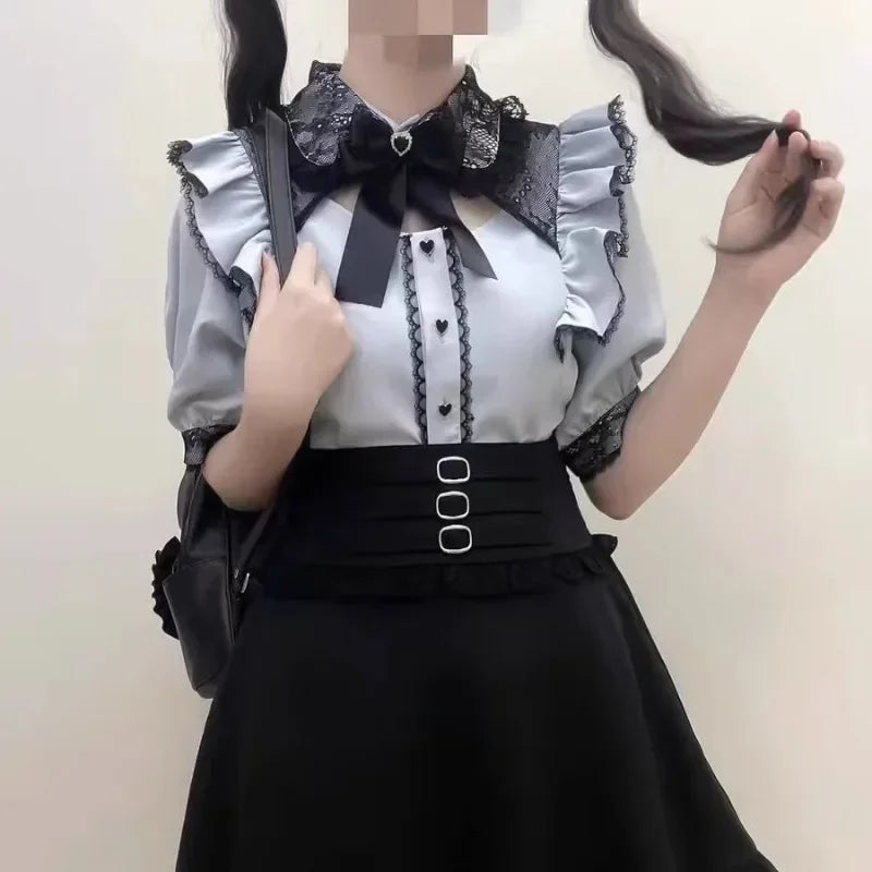 Jirai Kei Cosplay Costume Lolita Dress Blouse Y2K Kawaii Japanese Style Shirt Short Sleeve Pink Sweetheart Girl Halloween Party