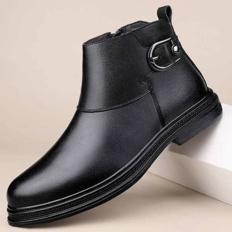 Winter New Fashion Cotton Shoes Men's Plush Genuine Leather Casual Snow Boots Slip on Male Business Footwear Comfy Ankle Boots