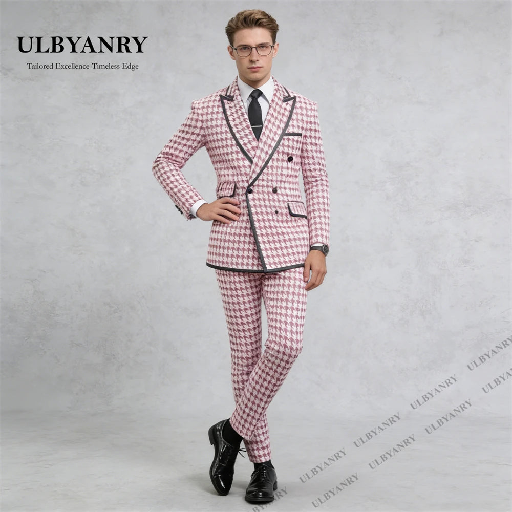 ULBYANRY Men’s Houndstooth Double Breasted Black Trim Suit Set for Wedding Party Celebration Slim Fit Jacket Pants Set for Date