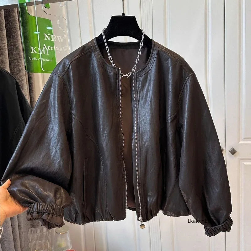 Women's Leather Coat 2026 Spring Autumn Comfortable Loose Slim Female Faux PU Outwear Round Neck Zipper Ladies Short Jacket