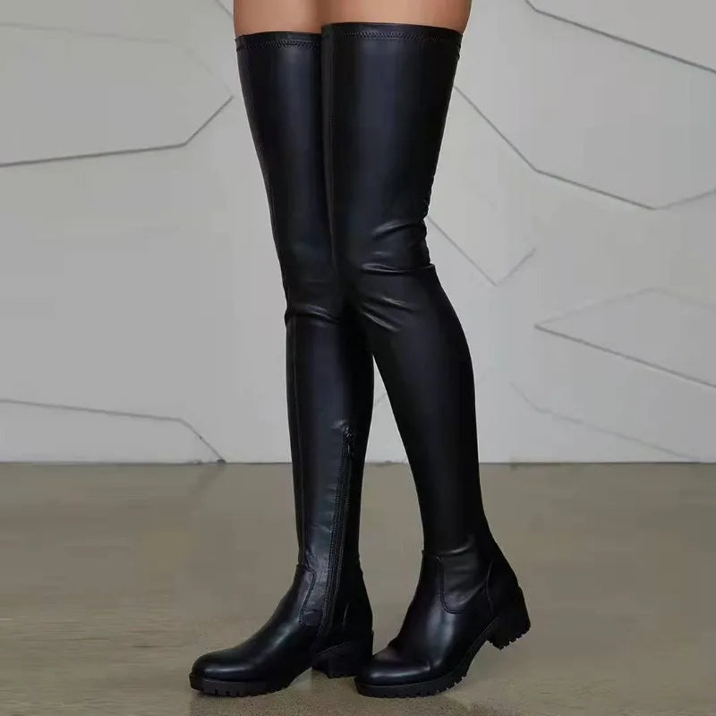 Women's Boots Side Zipper Over The Knee Boots Sexy Platform Long Boots Thick Heel Plus Size Fashion Shoes Elastic Leather Boot