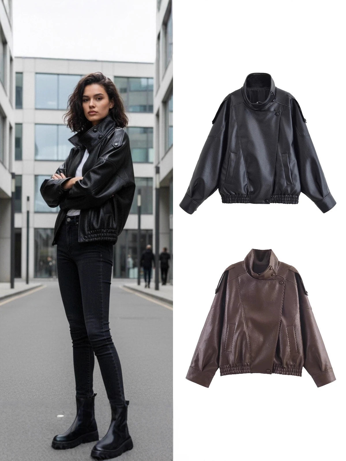 Women's Jacket New Black Long Sleeve Faux Leather Jacket Motorcycle Style Personality Fashion button and Zipper closure traf