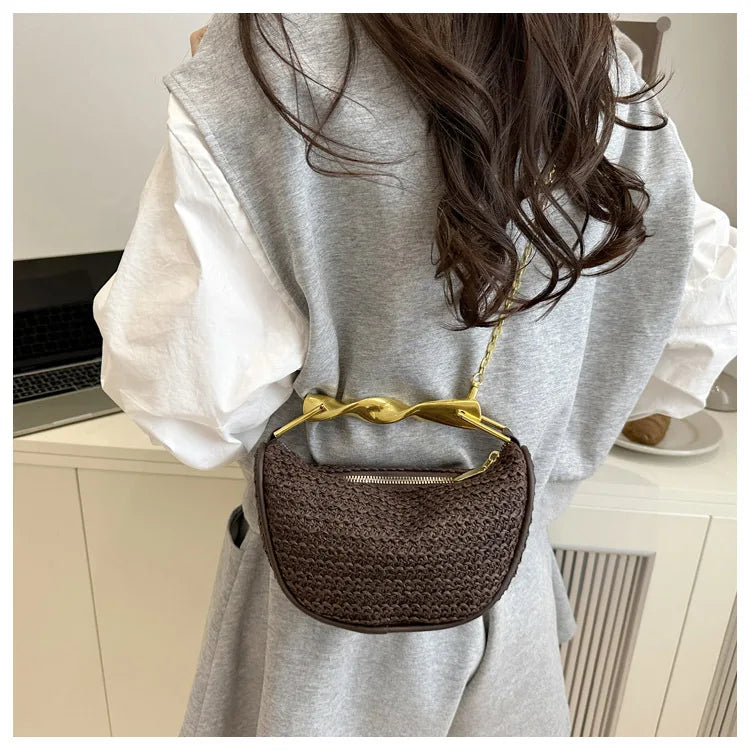 Luxury Metal Handle Clutch Bag Women Exquisite Handmade Rattan Woven crossbody Bag Half-moon Beach Bags Roomy Straw Tote Bag