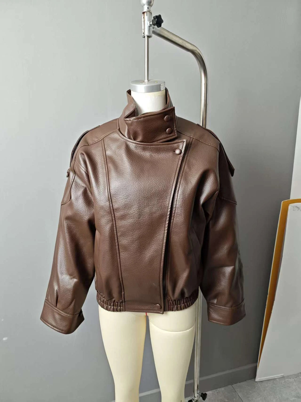 Women's Jacket New Black Long Sleeve Faux Leather Jacket Motorcycle Style Personality Fashion button and Zipper closure traf