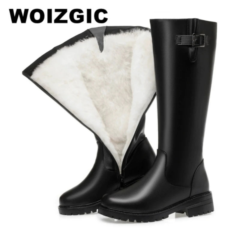 WOIZGIC Women's Ladies Mother Genuine Leather Mid Calf Snow Boots Warm Plush Fur Wool Zipper Winter Plus Size 42 43