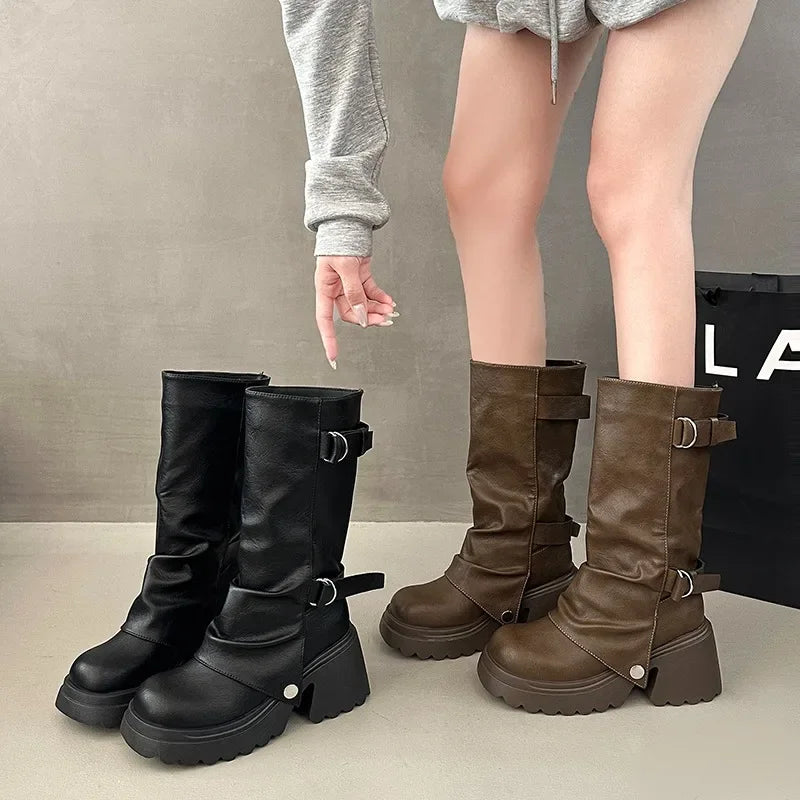 Shang Shi Black Thick High-heeled Thick Soled Boots for Women, 2026 New Winter Versatile Women's Zipper Slimming Pants Leg Boots