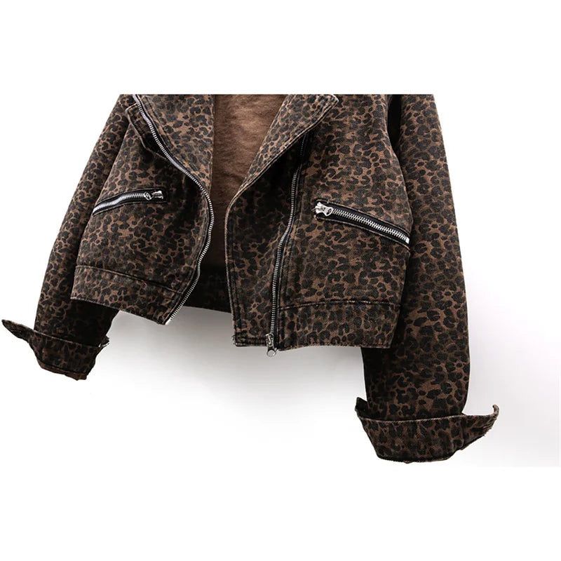 Spring Vintage Leopard Print Denim Jacket Women Slim Short Cowboy Outerwear Chaquetas Mujer Casual Zipper Jeans Jackets Female