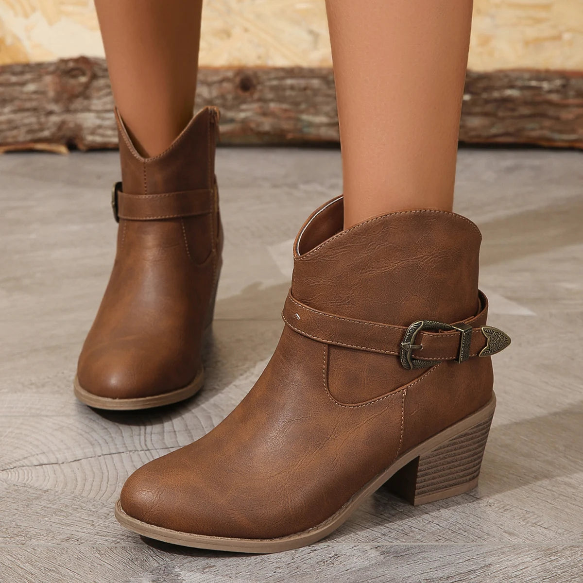 Europe and the United States Fashion Boots PU Brown Side Zipper Metal Buckle with High-Heeled Low Boots