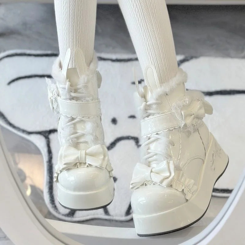 Kawaii Rabbit Tail Short Boots Women's Fleece Lined Thick Heel Lolita Snow Boots Winter Warm Cute Cotton Shoes for Women