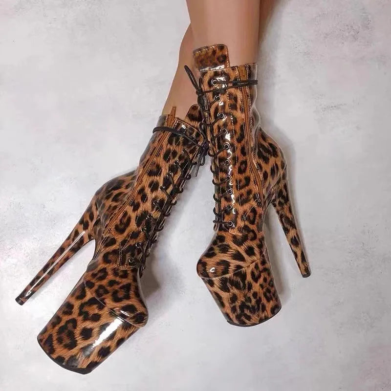 Exotic 20 cm Leopard Print Gothic Stripper Heels Size 34-46 8Inch Platform Ankle Boots Strip Pole Dance Catwalk Round Toe Women
