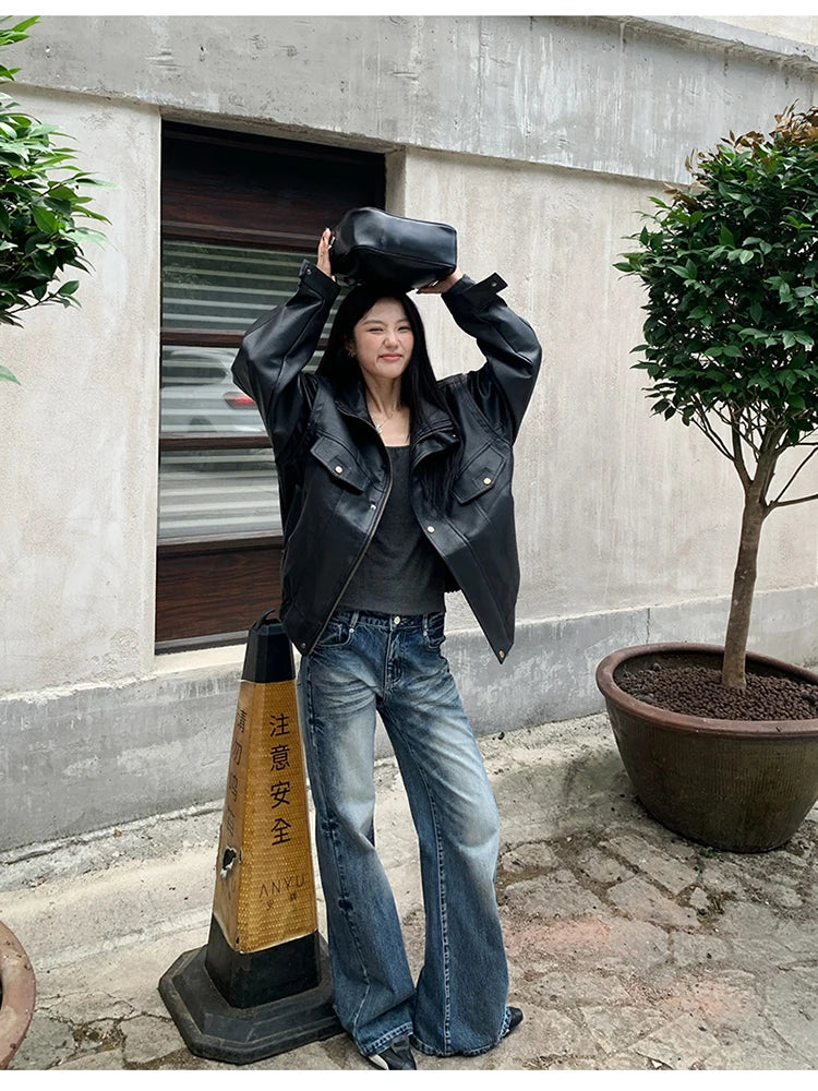 Lautaro Spring Winter Cool Oversized Thicken Warm Black Hard Pu Leather Jacket Women Long Sleeve High Quality American Clothing
