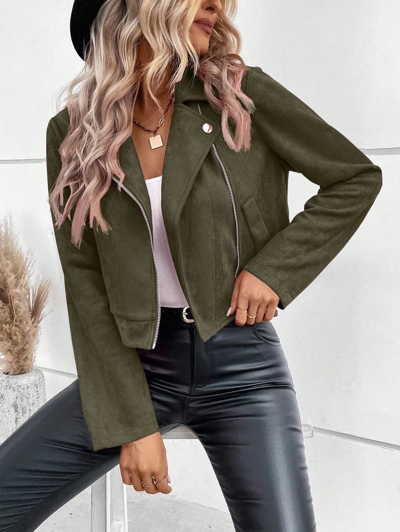 Women's Suede Faux Leather Jacket Autumn Zip-Up Moto Short Coat Lapel Collar Slim Fit Winter Outer Streetwear Casual Wear