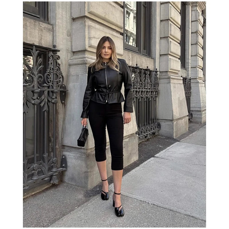 Women's Faux Leather Jacket Black Zip Front Drawstring Peplum Hem Slim Elegant Outerwear Fashion Daily Street Casual Short Coat