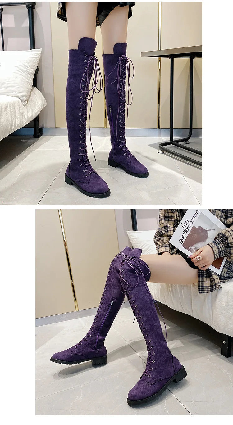 Side Zipper Lace-up Women's Long Botas Brown Black Suede Mid Heel Over-the-Knee Boots for Women Ladies Thigh High Boots Size 43