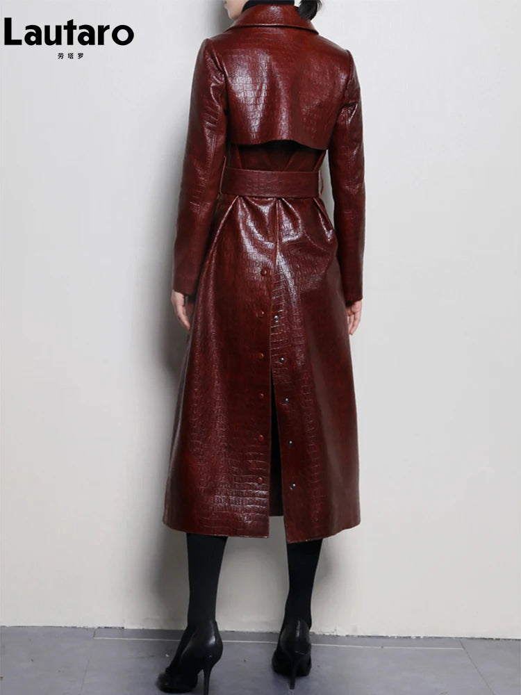 Lautaro Autumn Long Shiny Reflective Patent Faux Leather Trench Coat for Women Belt Double Breasted Luxury Designer Clothes 2023