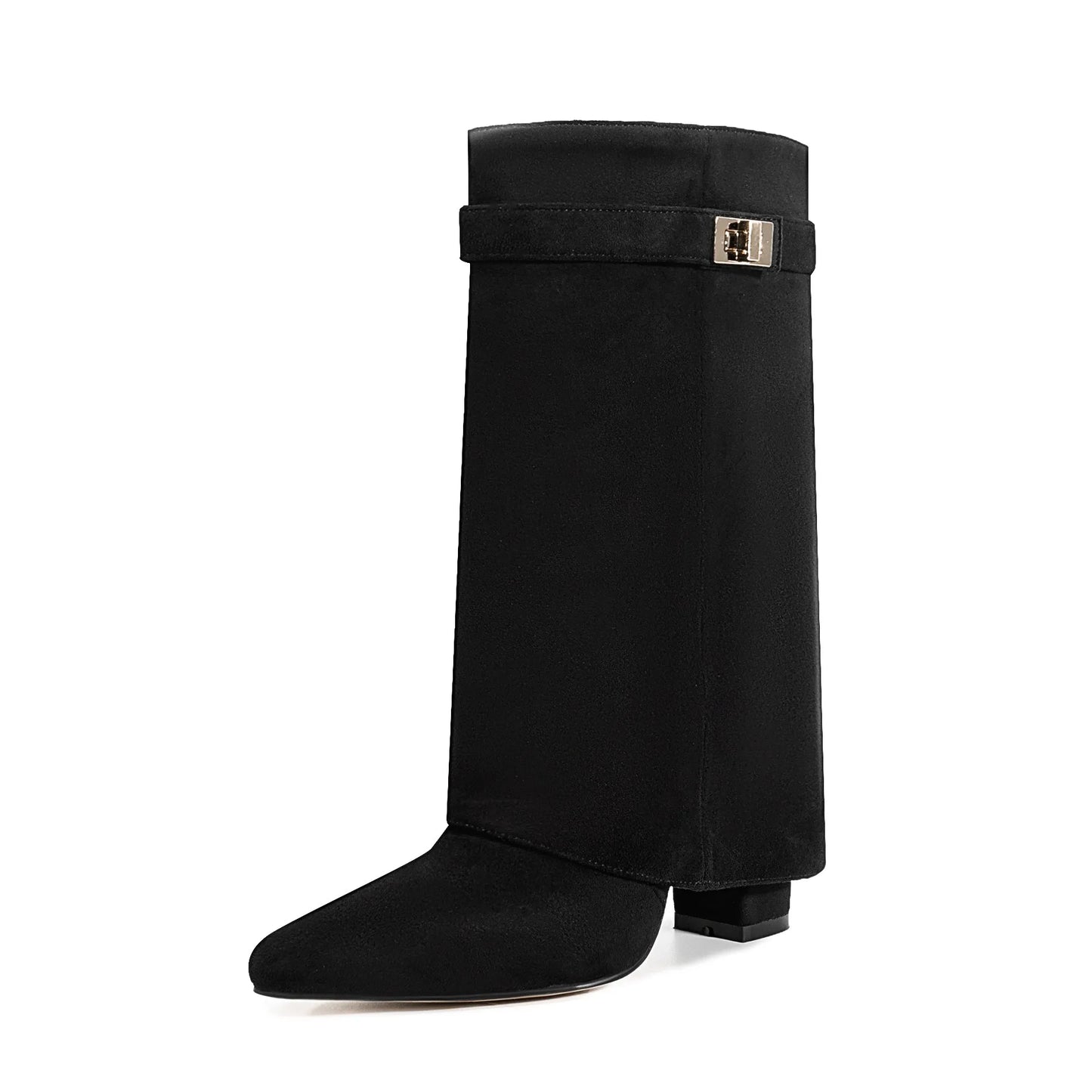 Autumn and Winter New Pointed Metal Buckle Knee High Women's Boots, Thick High-heeled Pants Boots, Fashionable Mid Leg Boots