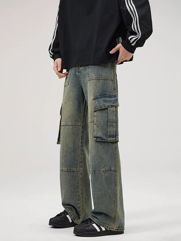 American Retro Street Multi-Pocket Patchwork Work Pants Loose Straight Leg Jeans for Men And Women Vibe Style Long Trousers