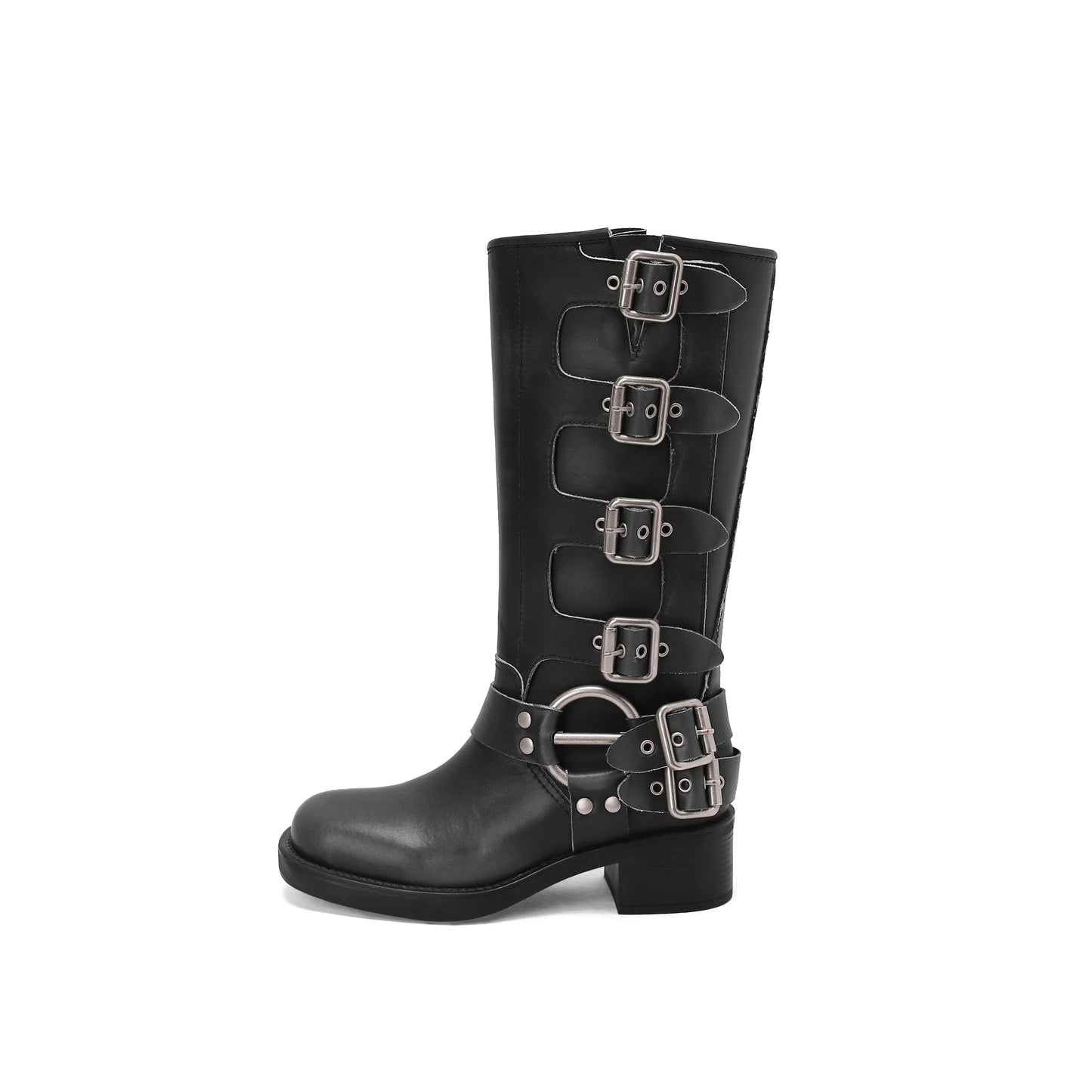 Arden Furtado Women's Cowhide Riding Boots Round Toe Pull-On Mid-Calf Genuine Leather Boots with Belt Buckle Knight Style