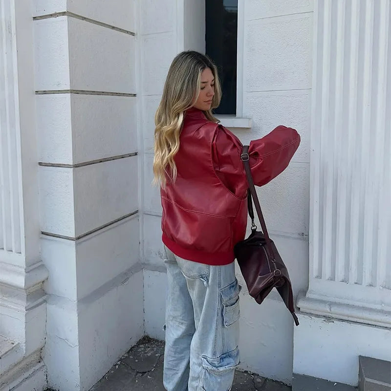 Women Stand Collar Leather Pilot Jacket Red Zipper Cropped Coat Fashion Casual Fashion Outerwear 2026 New Arrival Streetwear