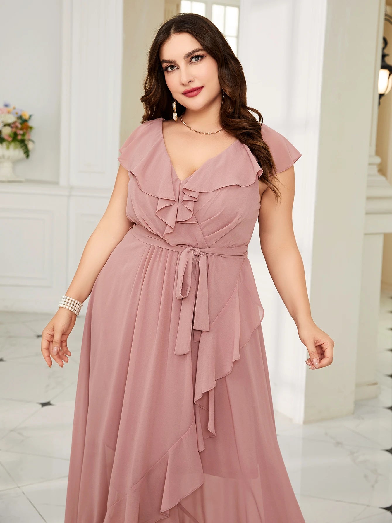 Unithorse Plus Size Women Summer Asymmetric Ruffle Lace Dress With Waist Belt Elegant Chiffon Formal Bridesmaid Dress