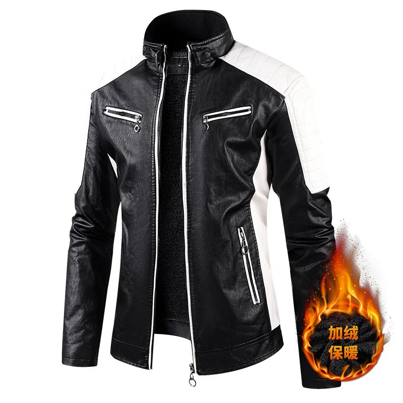 White and Red Patchwork Men's PU Jacket, Stylish Vintage Biker Faux Leather Coat, Available in Black or Brown.
