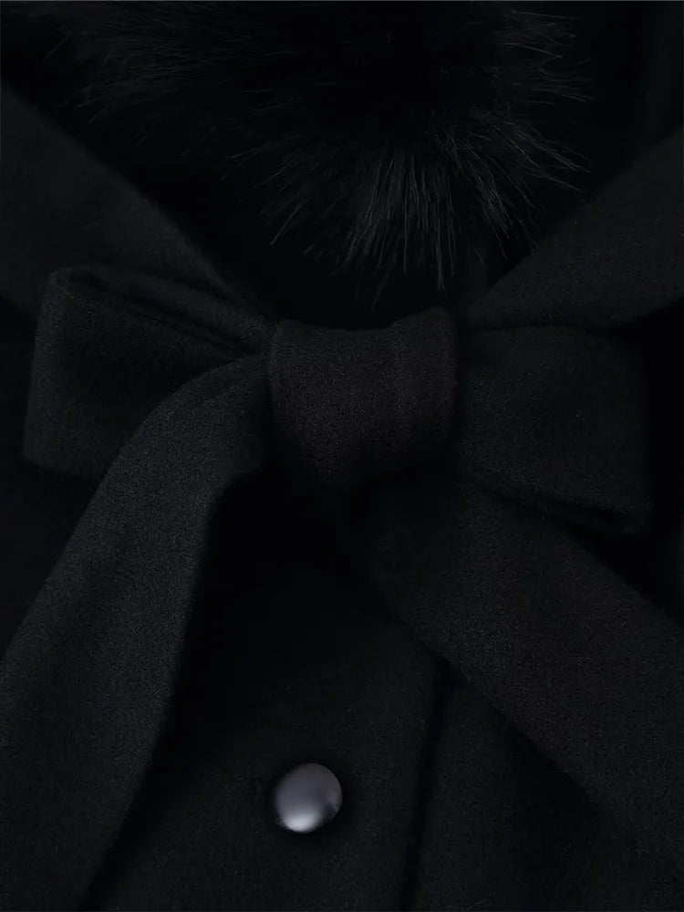 HH Winter Women Elegant Fur Collar Pockets Woolen Long Coat Female Temperament Warm Lapel Long Sleeve Double-breasted Belt Jacke