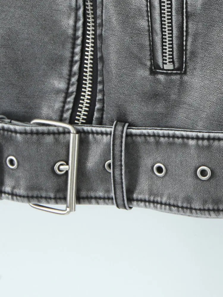 Women Autumn Winter Loose Gray PU Faux Leather Short Jackets Belt Female High Street Zipper Retro Moto Biker Coats Outwear XS-XL
