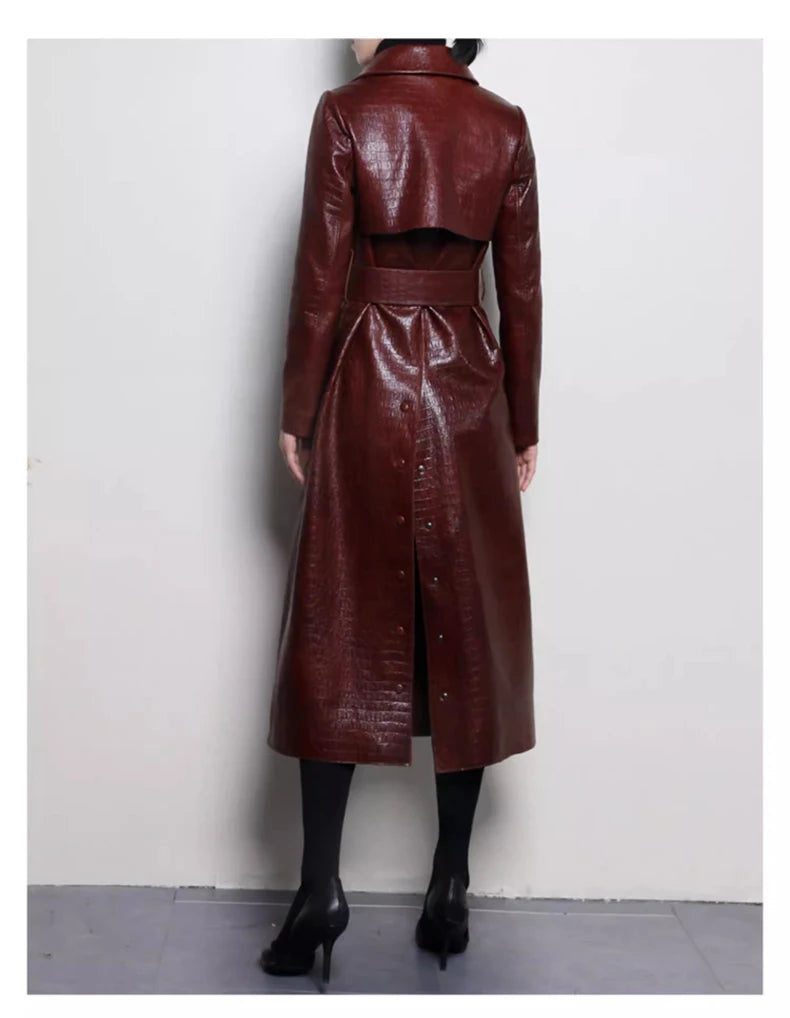 Lautaro Autumn Long Shiny Reflective Patent Faux Leather Trench Coat for Women Belt Double Breasted Luxury Designer Clothes 2023
