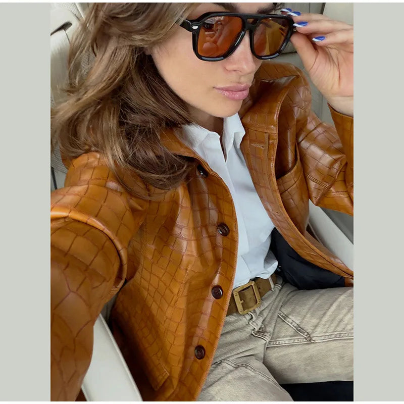 Crocodile Print Faux Leather Long Women 's Winter Coats Stand Collar Single‑Breasted PU Leather Maxi Coat Streetwear Fall Winter