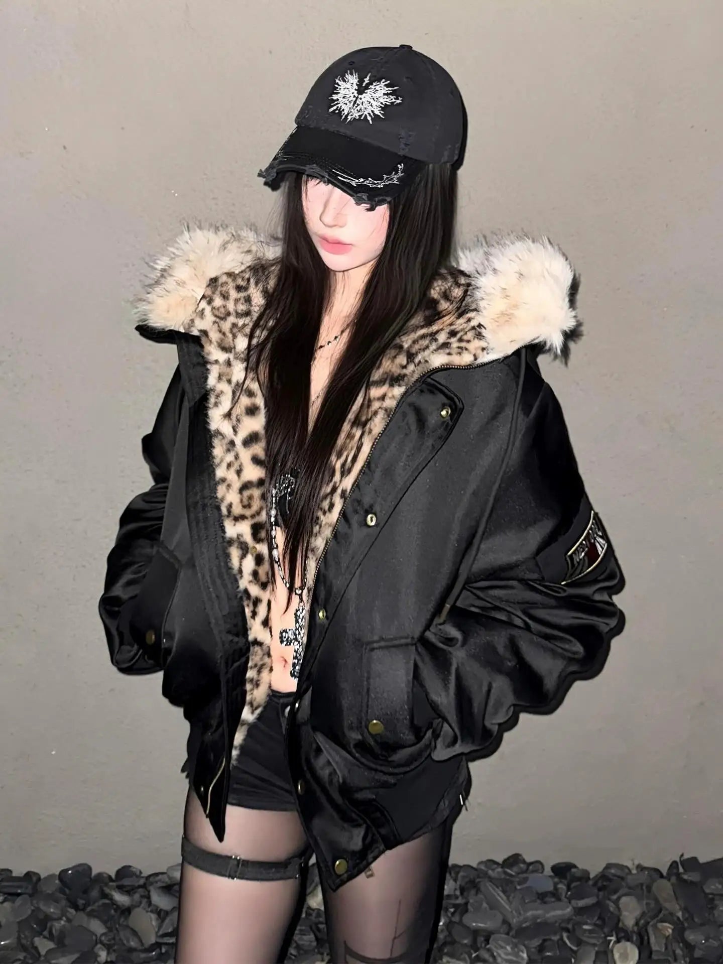American Harajuku Retro Jacket Men and Women New Simple Plush Leopard Print Jacket Loose Leather Motorcycle Hip Hop Punk Jacket