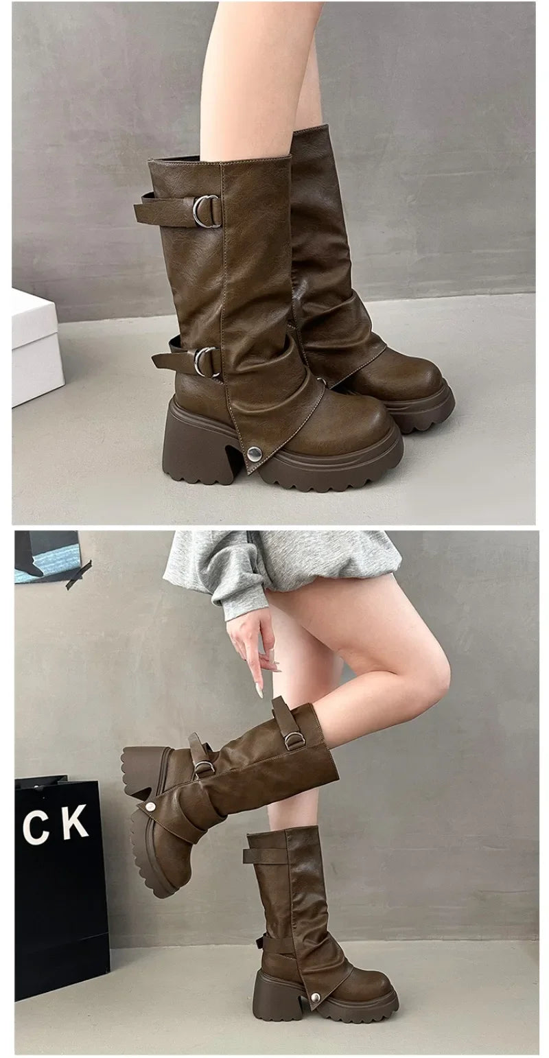 Shang Shi Black Thick High-heeled Thick Soled Boots for Women, 2026 New Winter Versatile Women's Zipper Slimming Pants Leg Boots