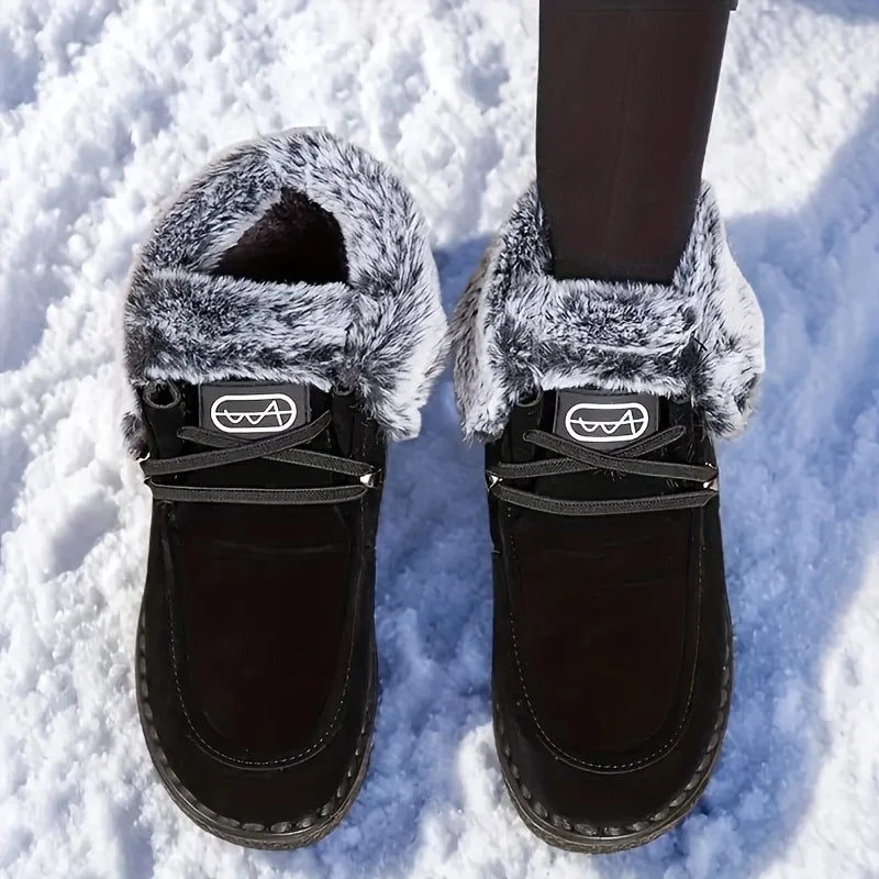 Women Winter Suede Snow Boots Warm Thick Furry Lined Ankle Booties Lace Up Non Slip Lug Sole Waterproof Thermal Shoes for Outdoor Snowfield Walking Cold Weather Daily Casual Wear Black Yellow Navy Three Classic Colors Ladies